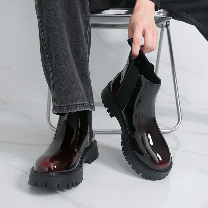 Big and Tall Men's Round Toe Boots 2025 A/W High Top Martin Boots Glossy Leather Chunky Sole British Style Ankle Boots for Wide Feet