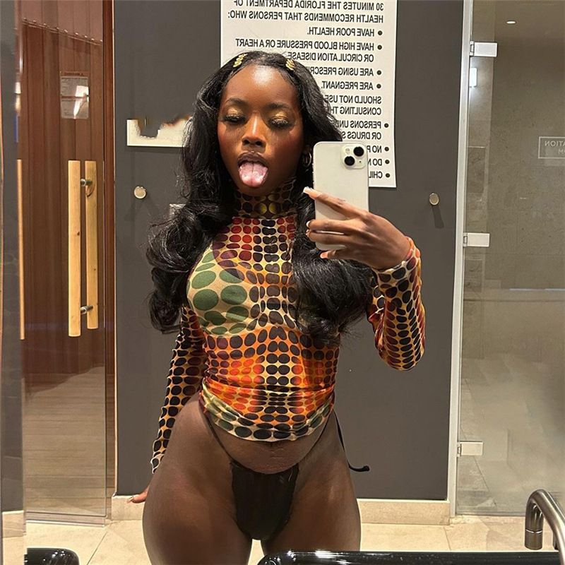 K22L25294 Sexy Stand Collar Nightclub Mesh Top Fashion Printed Women Casual Top