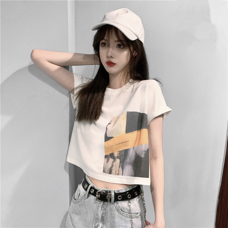 986 Women's Fashion Loose Casual Print Crop Top Short Sleeve T-shirt