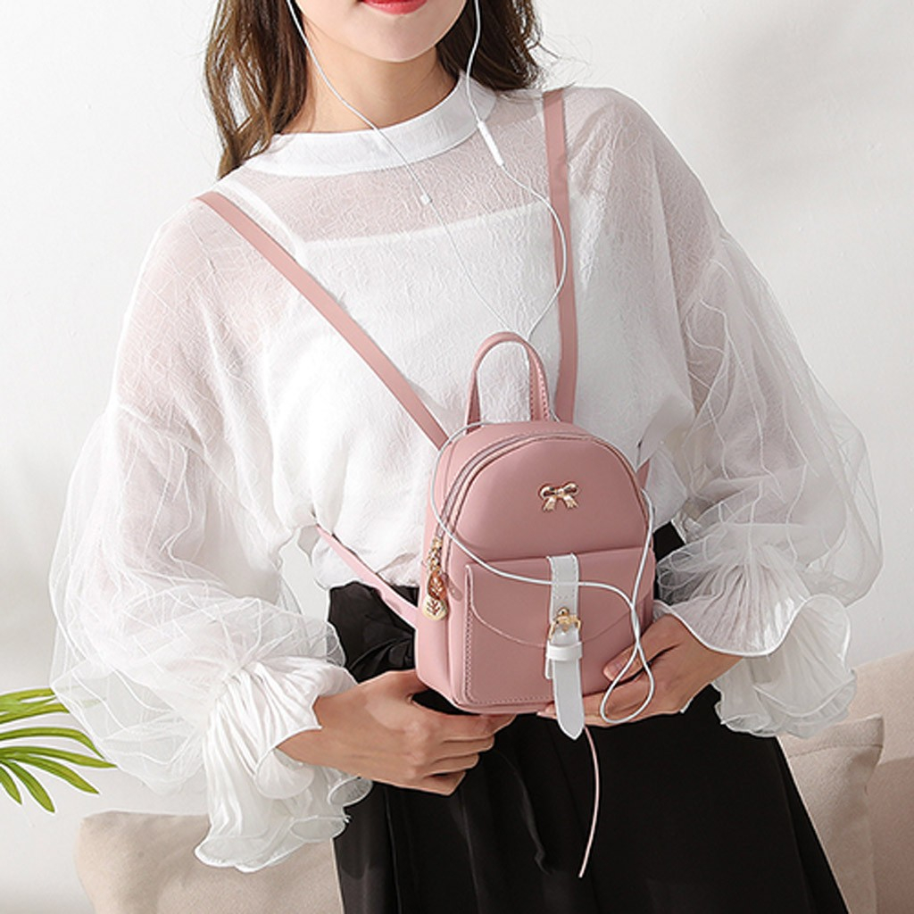HWT05# Women's Mini Backpack Luxury PU Leather Kawaii Backpack Cute Graceful Bagpack Small School Bags for Girls Bow-knot Leaf Hollow