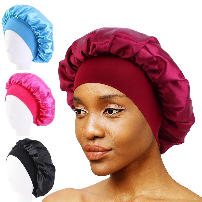 New Women's Satin Solid Wide-brimmed Sleeping Hat Unisex Head Wrap Elastic Band Cap Hair Care Bonnet Night Hat