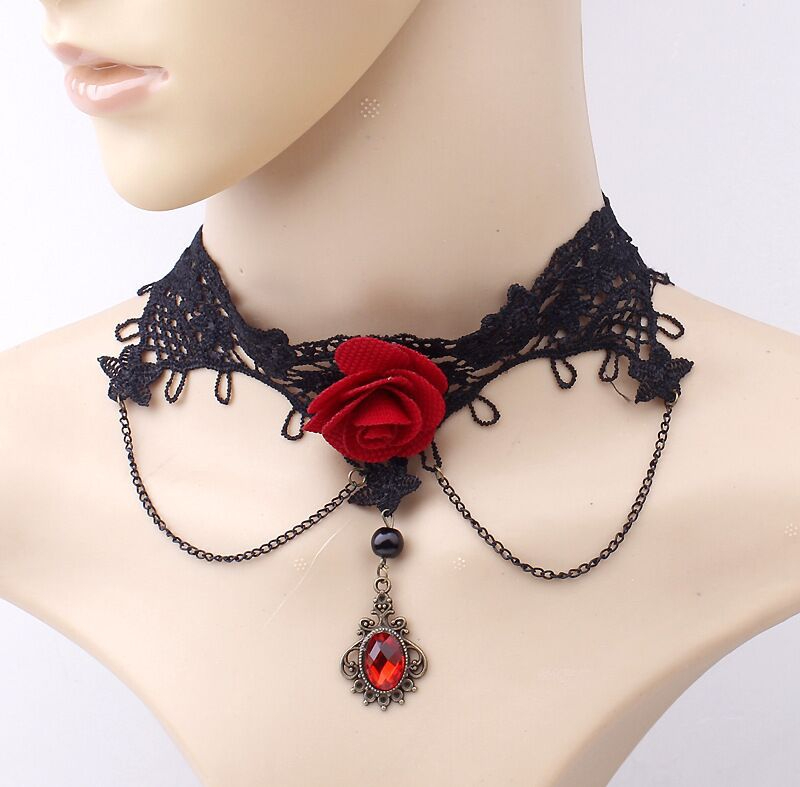 SC9378 Gothic Chokers Black Beaded Flowers Sexy Lace Neck Choker Necklace Vintage Tassel Chain Women Steampunk Halloween Jewelry