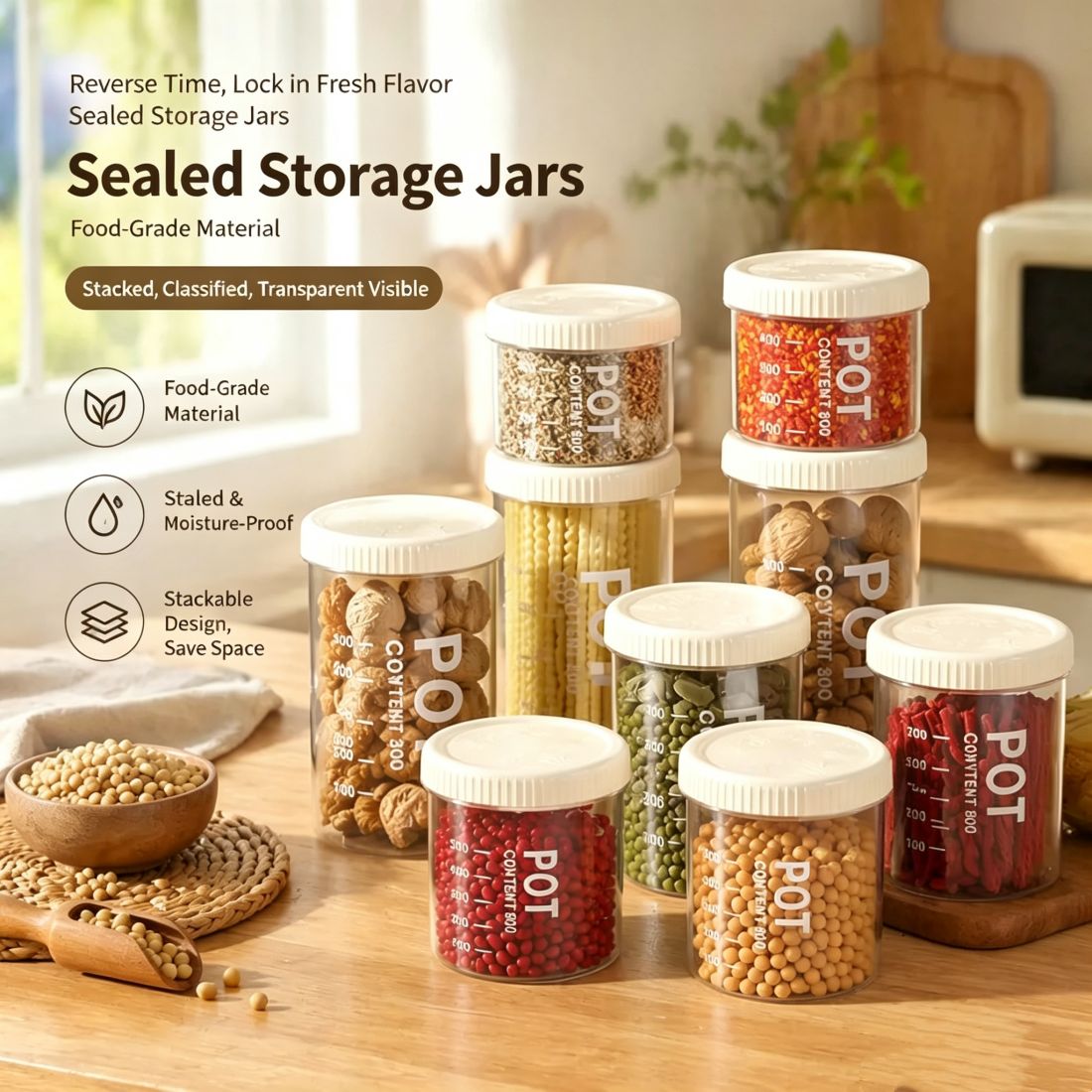 Multifunctional Stackable Kitchen Storage Container, sturdy and drop-resistant plastic structure with smooth surface for easy cleaning. Space-saving stackable design keeps kitchen cabinets tidy
