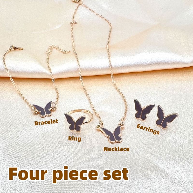 Butterfly drop glazed necklace, high-end collarbone chain CRRSHOP necklace, bracelet, earrings, ring, four piece set Holiday gifts free shipping