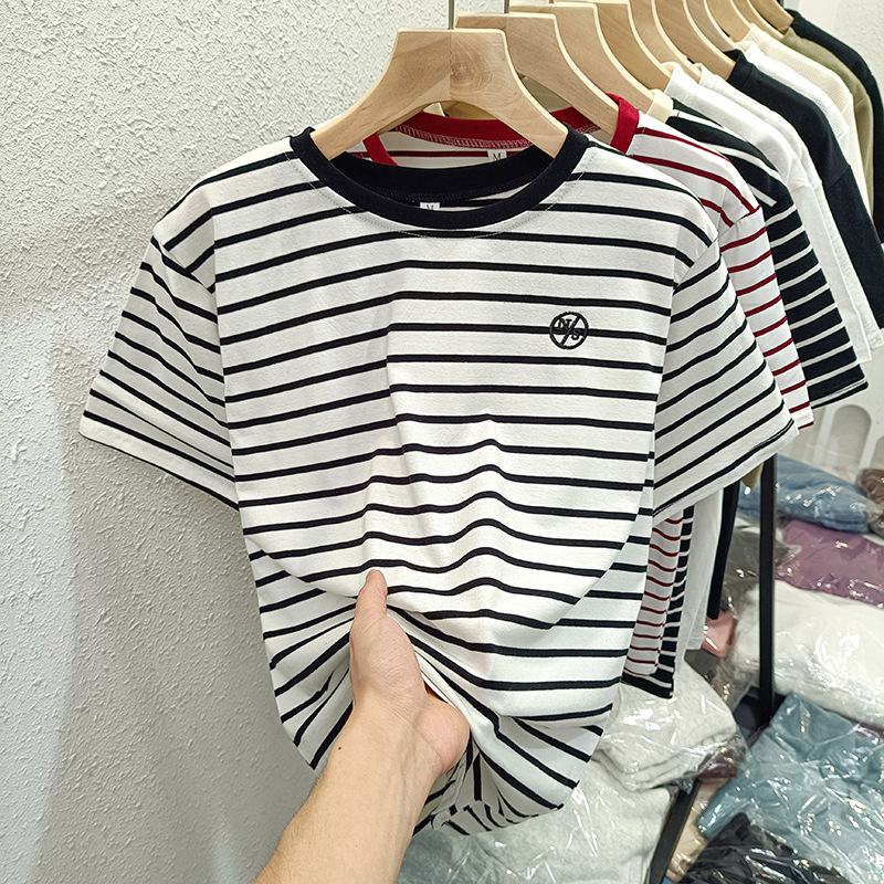 YF7672 Women's summer fat ice silk stripes color contrast round neck loose short sleeve T-shirt blouse
