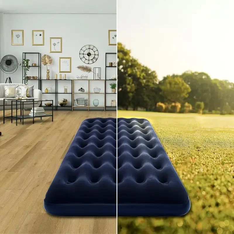 AUNONT PVC inflatable mattress inflatable high thickened flocking automatic inflatable mattress home double inflatable mattress nap folding mattress fashionable design foot pump inflatable model camping durable mattress waterproof air mattress