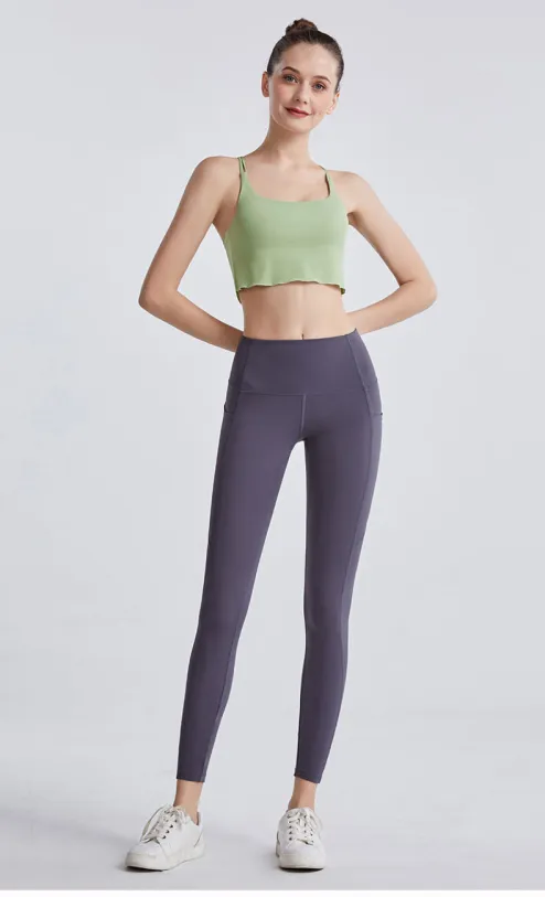 2021 new double pocket high waist yoga pants women nude breathable