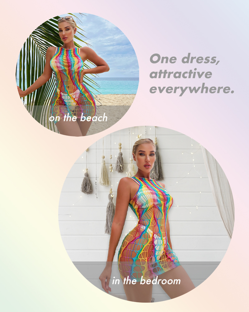 Dress, Beach Dress, Bikini, Sexy Lingerie, Skirt, Erotic Lingerie, Bedroom Dress, Nightdress, Fashion, Rainbow, Colorful, Fishnet, Free Size, Stretchable, 