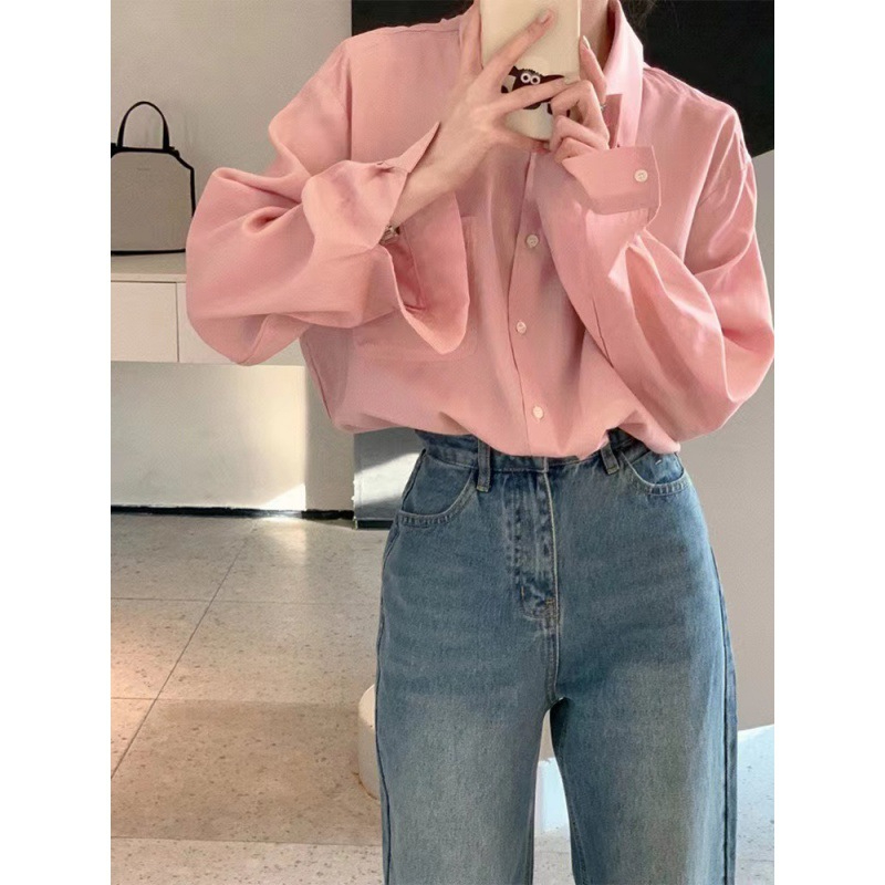 S-B144-1530-20 Women's Spring and Summer New Pink Shirt Loose Lapel Shirt