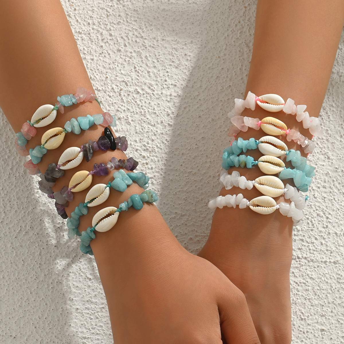 12-Piece Boho Beach Bracelet Set, Hand-Woven Adjustable Cord with Natural Cowrie Shell & Irregular Crystal Chips, Ocean-Inspired Stackable Jewelry for Women, Perfect for Summer & Vacation
