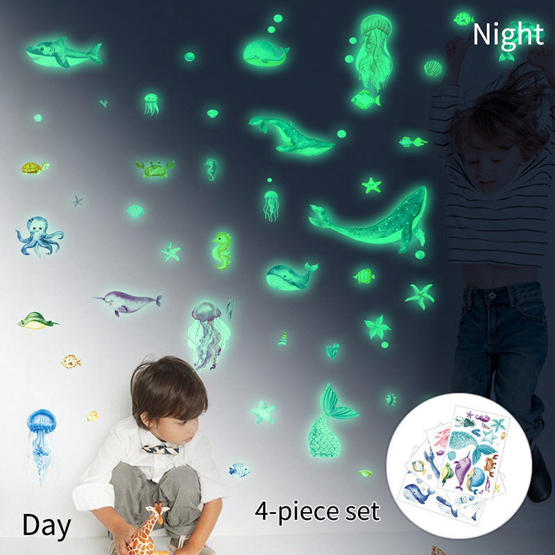 YGP028 Luminous Underwater World Marine Fish Jellyfish Cartoon Animal Fluorescent Sticker Children's Room Decorative Wall Sticker
