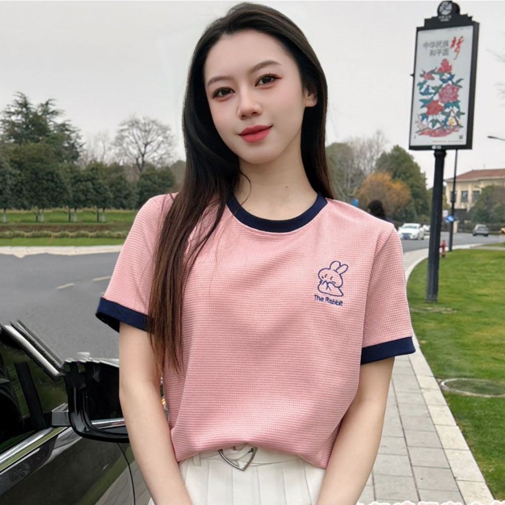 AL7127 Women's Fashion Waffle Breathable Sweat Absorbent Temperament Bunny Crewneck Contrast Short Sleeve T-shirt