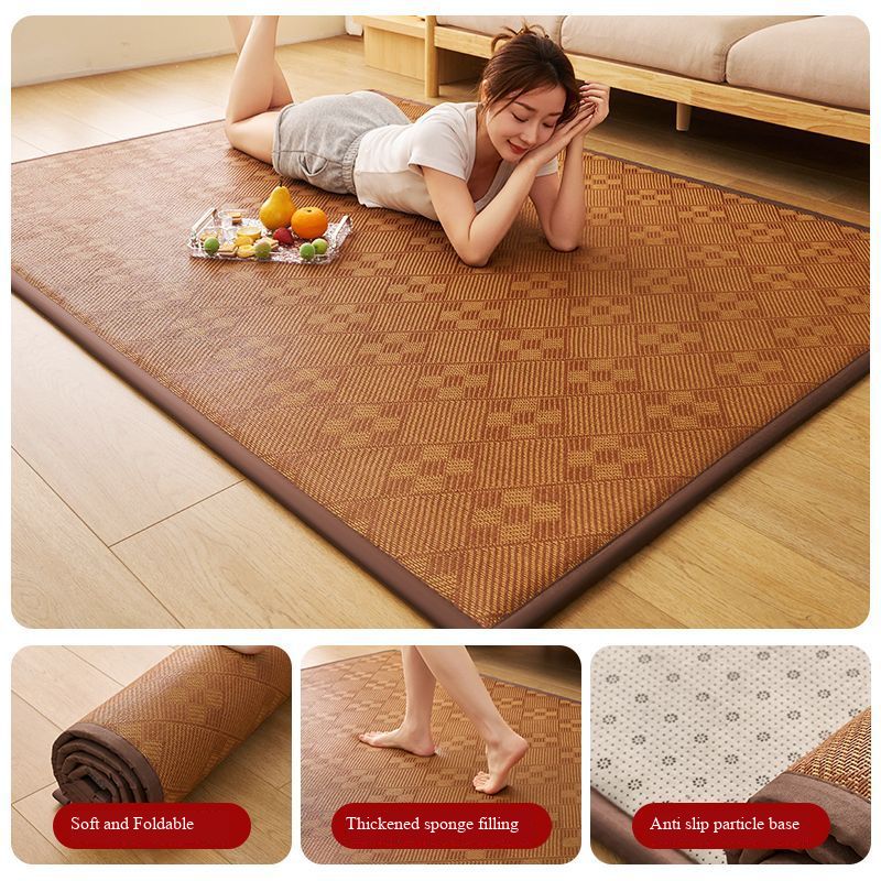 Summer Rattan Woven Cooling Floor Mat Breathable Ice Rattan Rug for Bedroom Bedside Living Room Tatami Home Floor Pad Non-Slip Soft Summer Mat