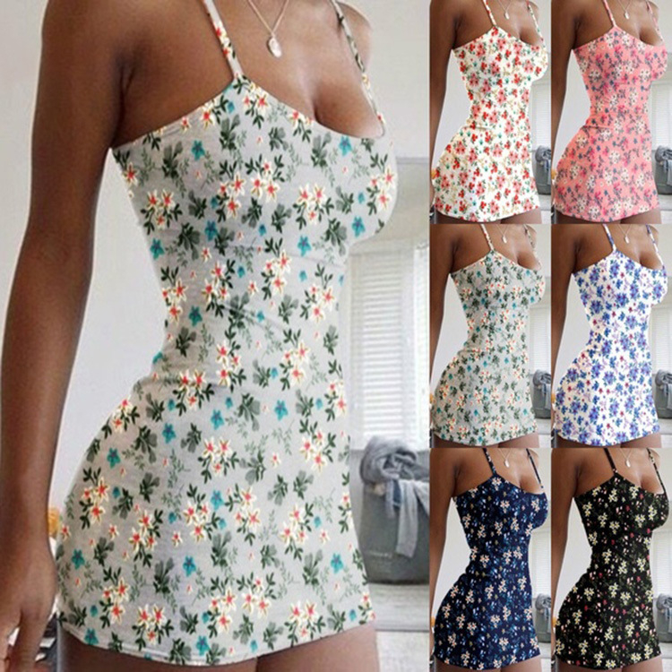 Women's Summer Floral Print Spaghetti Strap A Line Short Cami Dress
