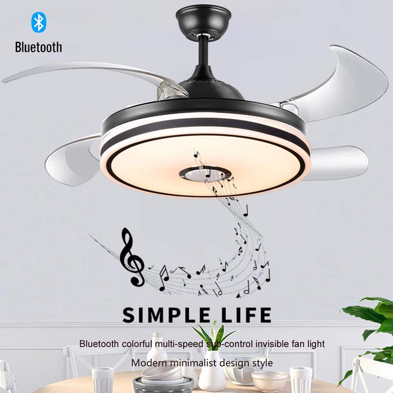 Peach Retractable ceiling fan light and Bluetooth speaker color Changing 36W 49.2In Black ceiling fan with remote control. 