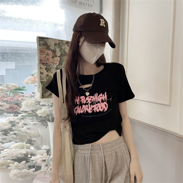 WYP-6791 Women's Fashion Loose Cutout Design Sense Printed Slim Slim Cropped T-shirt