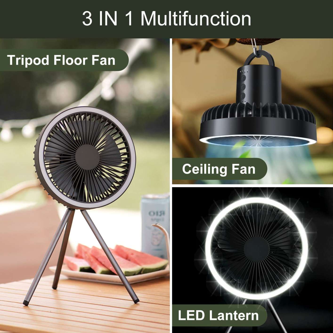 MECOLA Portable Camping Fan with LED Lantern, 10000mAh Battery Operated USB Rechargeable Fan with Hanging Hook, 3 Lights Modes, 3 Speeds Quiet Ceiling Fan, Tent Fan with Tripod for Outdoor Emergency Outage