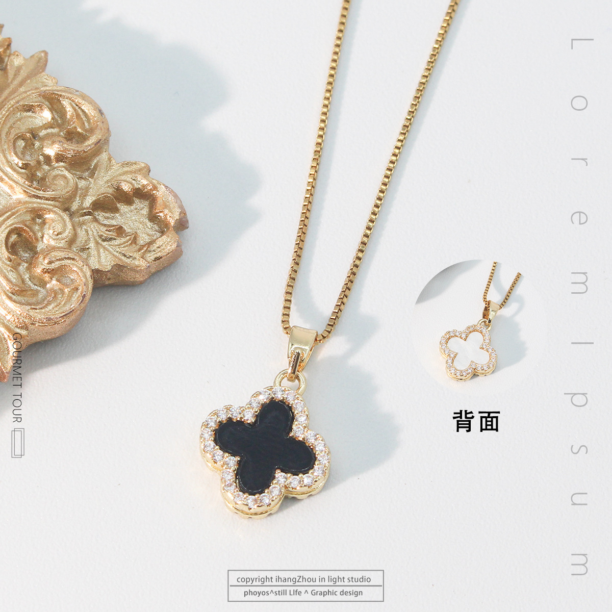 2 Side Crystal Clover Necklace for Women 18K Gold Plated Stainless Steel Four Leaf Lucky Pendant Black & White Cubic Zirconia Jewelry for Mother and Daughter