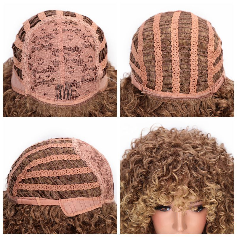 Short Hair Afro Kinky Curly Wigs With Bangs African Synthetic Ombre Glueless Cosplay Wigs For Black Women High Temperature