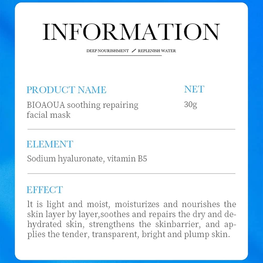 BIOAOUA Vitamin B5 Hyaluronic Acid, Yeast Extract Anti-Wrinkle & Soothing Repair facial mask 30g Moisturizing Skin Care Products