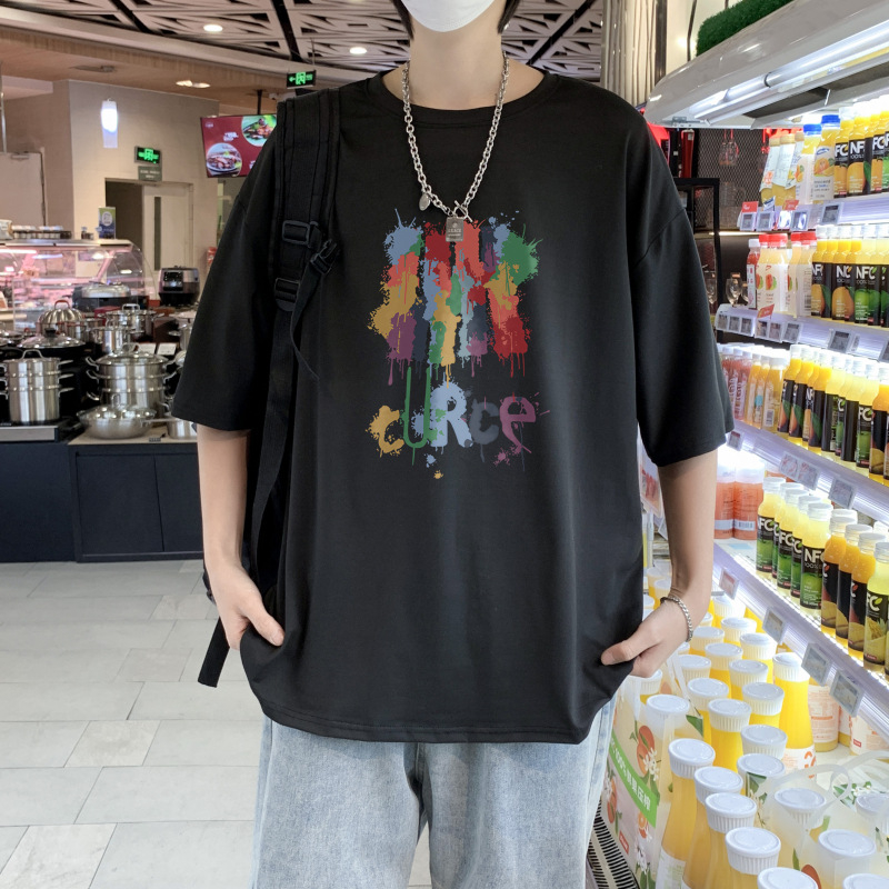 502 Man Cotton T-shirt Fashion Brand Ink Graffiti Short-sleeved T-shirt Summer Short-Sleeved Men's T-shirt