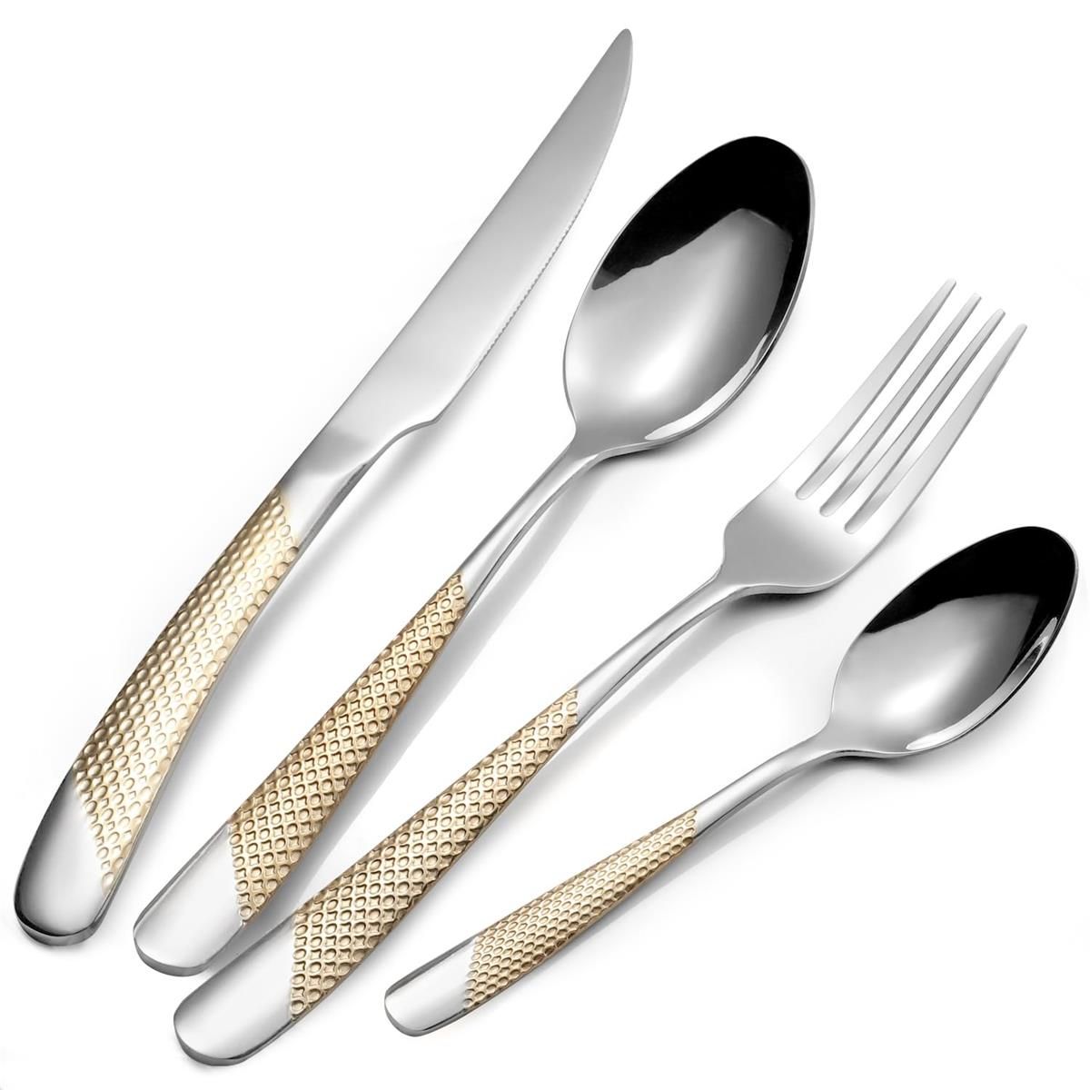 6pcs Gold Hammered Silverware Set for 6, Premium Food-grade Stainless Steel Flatware Set, Luxury Design & Mirror Polished Cutlery Set, Eating Utensil Set with Fork Knife Spoon, Dishwasher Safe