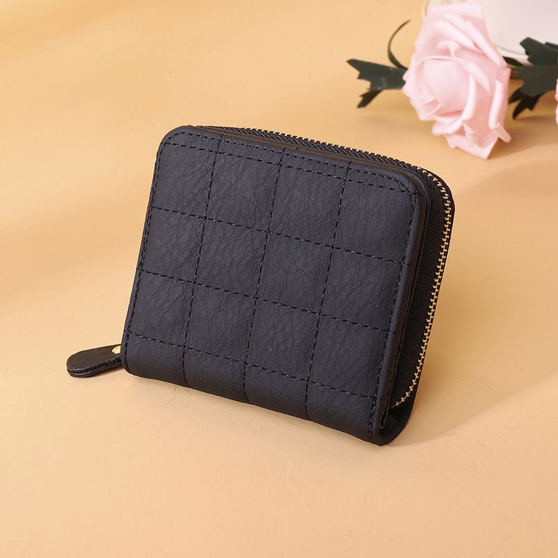 Women Short Wallets PU Leather Female Plaid Purses Nubuck Card Holder WalletBlack
