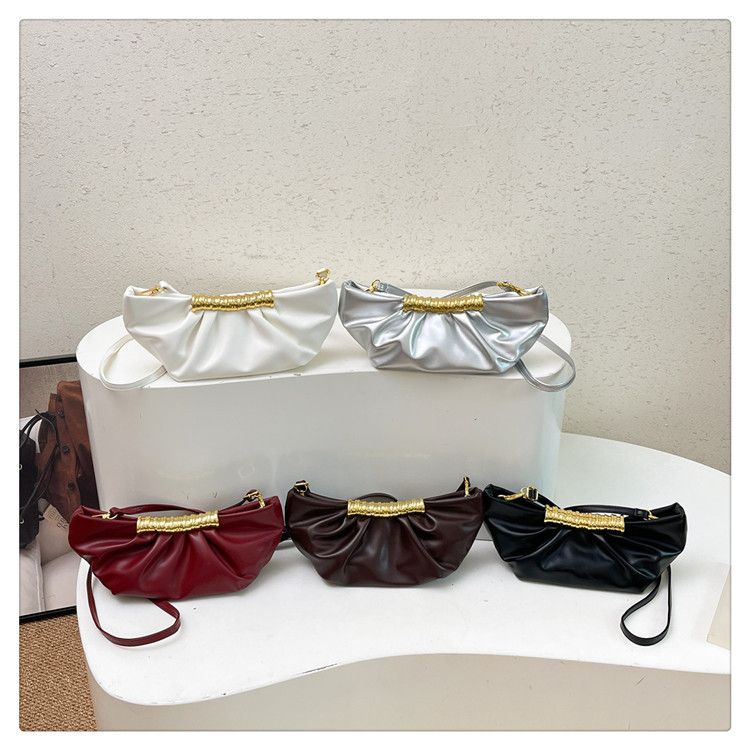 Women's Ruched Cloud Crossbody Bag, 31x12cm Metallic PU Leather Shoulder Bag with Gold Accent, Versatile Clutch Purse for Daily & Evening Events
