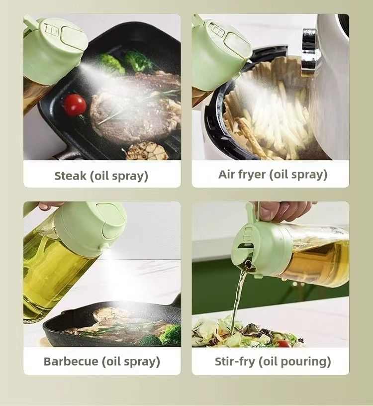 470ml Glass Oil Dispenser Bottle - Dual-Function Spray & Pour, Wide Mouth, Leak-Proof Design, Ergonomic One-Handed Use, Easy to Clean, Drip-Free Kitchen Oil Container  