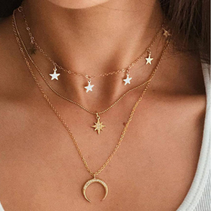 00101-44 Moon Star Triple Layer Openwork Golden Color Clavicle Chain Necklace For Women Jewelry Wedding Banquet Gifts