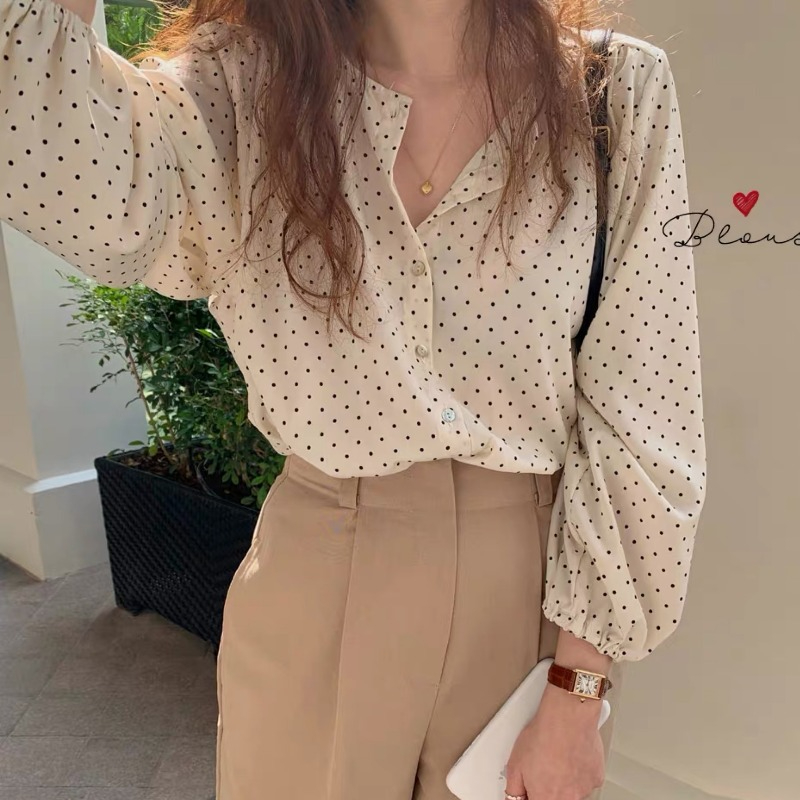 R1068-15-8765 Women's Spring New Lantern Long-Sleeved Polka-Dot Shirt Loose Collarless Top