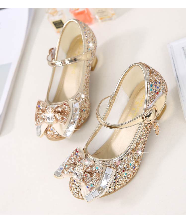 Dress Shoes Autumn New Girls' Small High-Heeled Leather Shoes Sparkling Shoe upper with Bow Decoration for Children's Dance Shoes