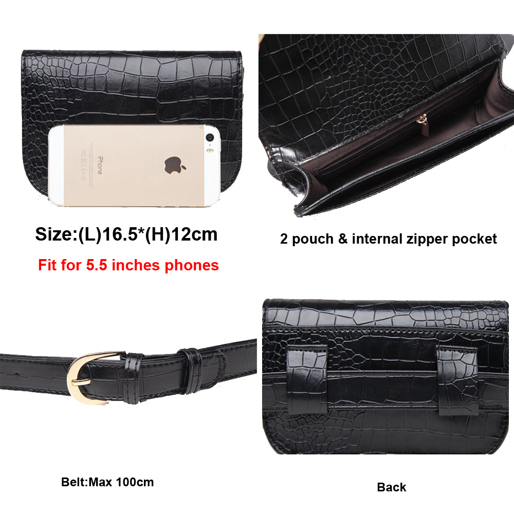 Vintage PU Leather Waist Bag Women Alligator Waist Pack Travel Belt Wallets Fanny Bags Ladies Fit 5.5 inches phones