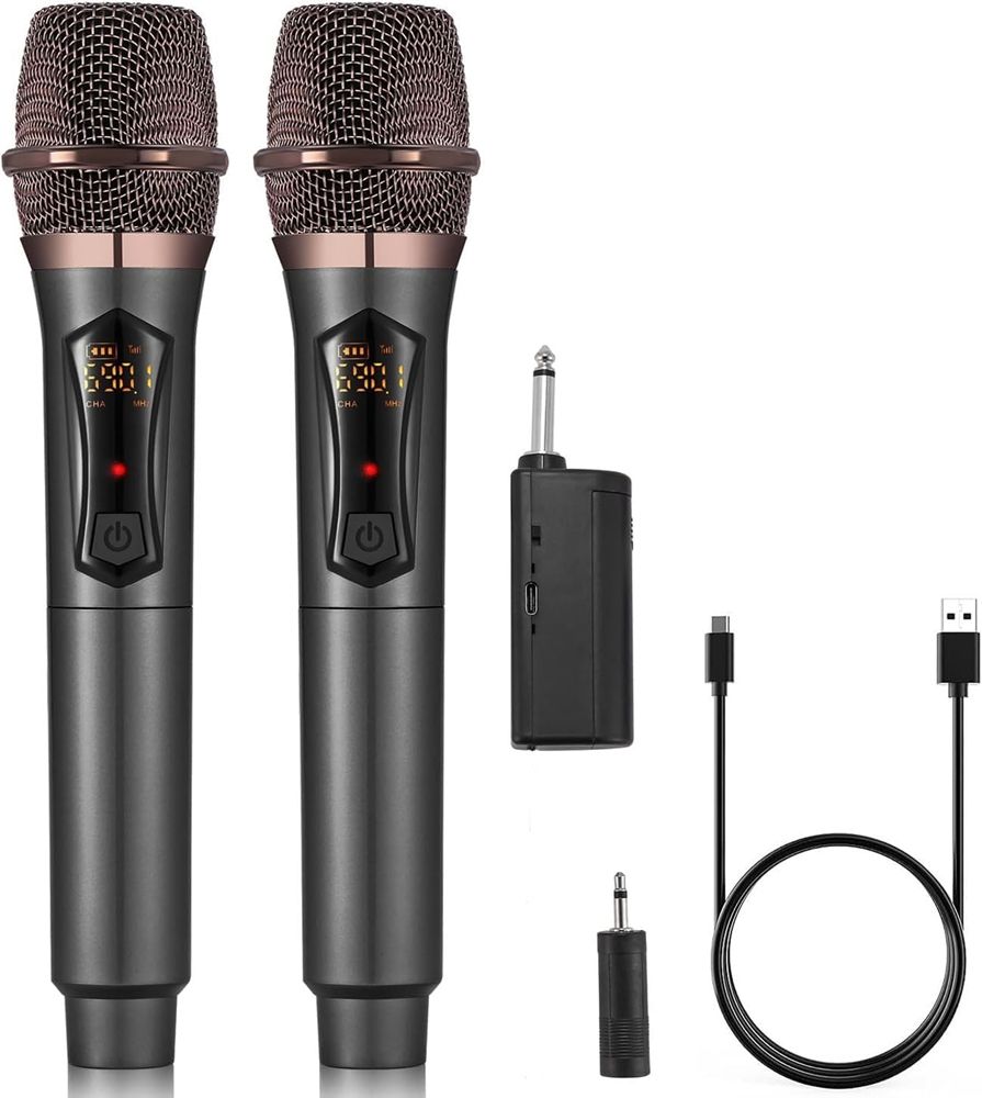 Wireless Microphones, Metal Dynamic Microphone System with Rechargeable Receiver, 50H Duration, 200ft Range, Microphone for Karaoke Singing, Wedding, DJ, Party, Speech, Church, Class