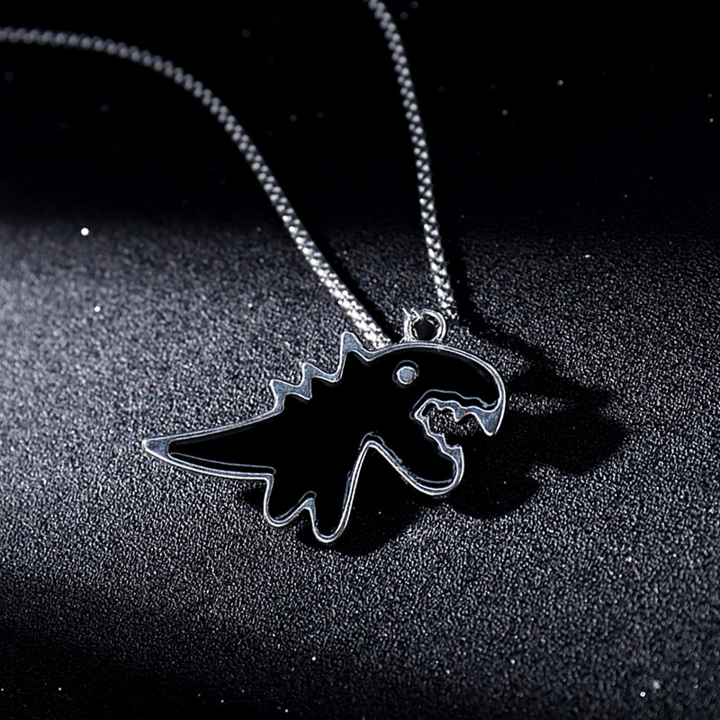 21102802 New Trendy Vintage Silver Cute Cartoon Dinosaur Couple Long Sweater Men and Women Chain Pendant Necklace