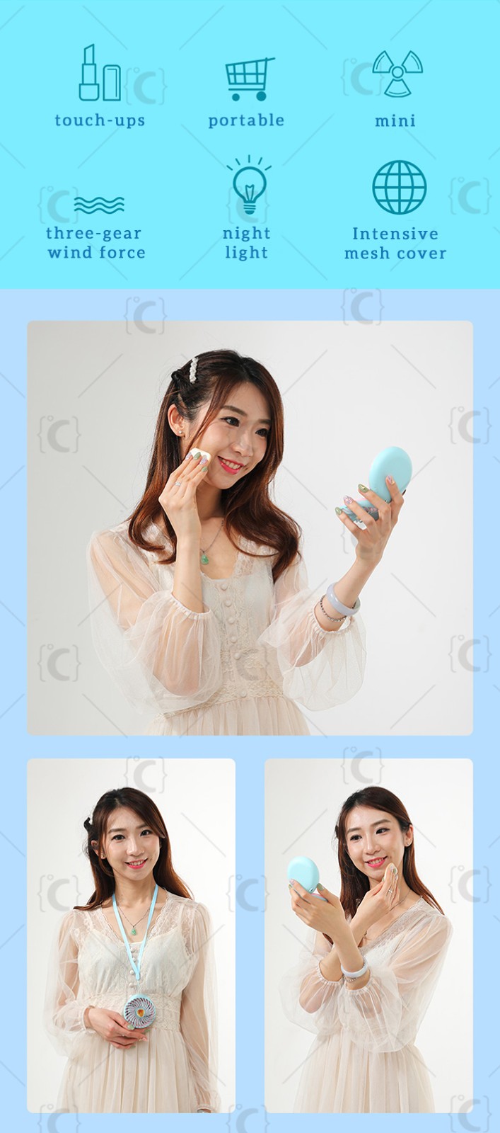  
Tospino,LED, color, makeup, mirror, portable, hand-held, mini, mirror fan, 3 gear speed rechargeable with color LED light