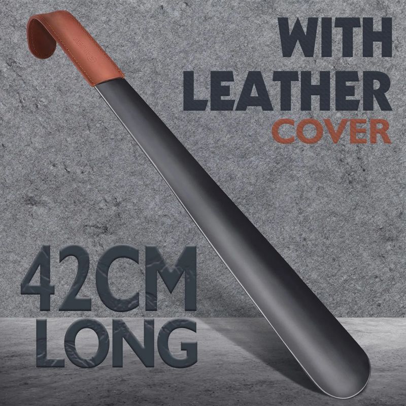 Metal Shoe Horn Lifter 42cm Long Handled Shoe Horn with Leather Strap Stainless Steel Shoehorn for Boots Spoon Shape Shoe Horn