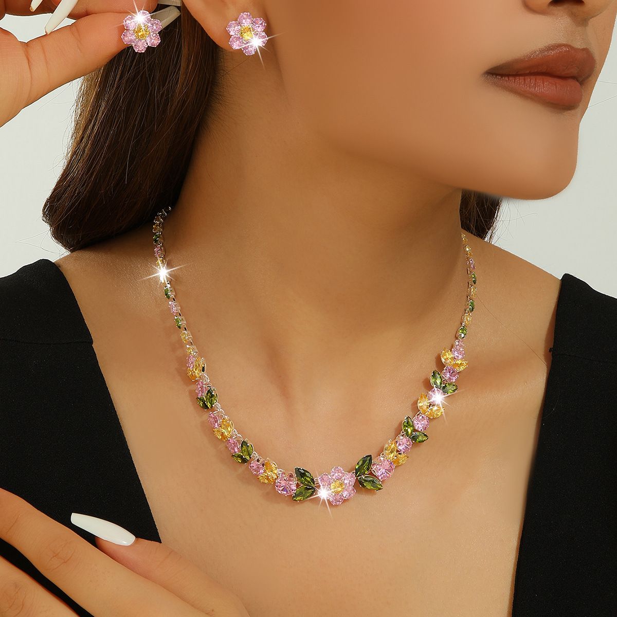 Heavy Craft Multicolored Floral Cubic Zirconia 2Pcs Jewelry Set for Women, Adjustable Silver Collarbone Necklace Inlaid With Pink Yellow Green Blossom Motifs & Matching Flower Stud Earrings, Bright Garden-Style Sparkling Ornaments, Chic Accessories for Bridal Wedding, Evening Banquet, Prom and Formal Gown Outfits, Lovely Romantic Gift Jewellery for Ladies on Special Occasions
