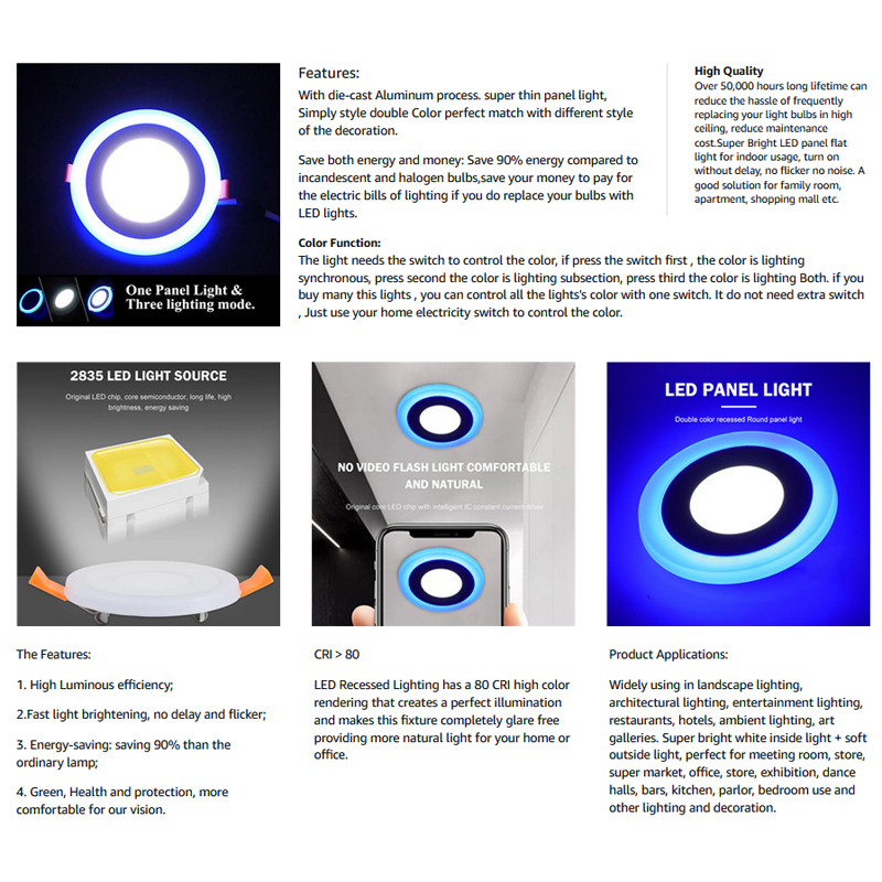 PH 2PCS Led Panel Light,Led Ceiling Lights Round Double Color (Cool White+RGB),Ultrathin Led Recessed Lighting, Led Downlights 