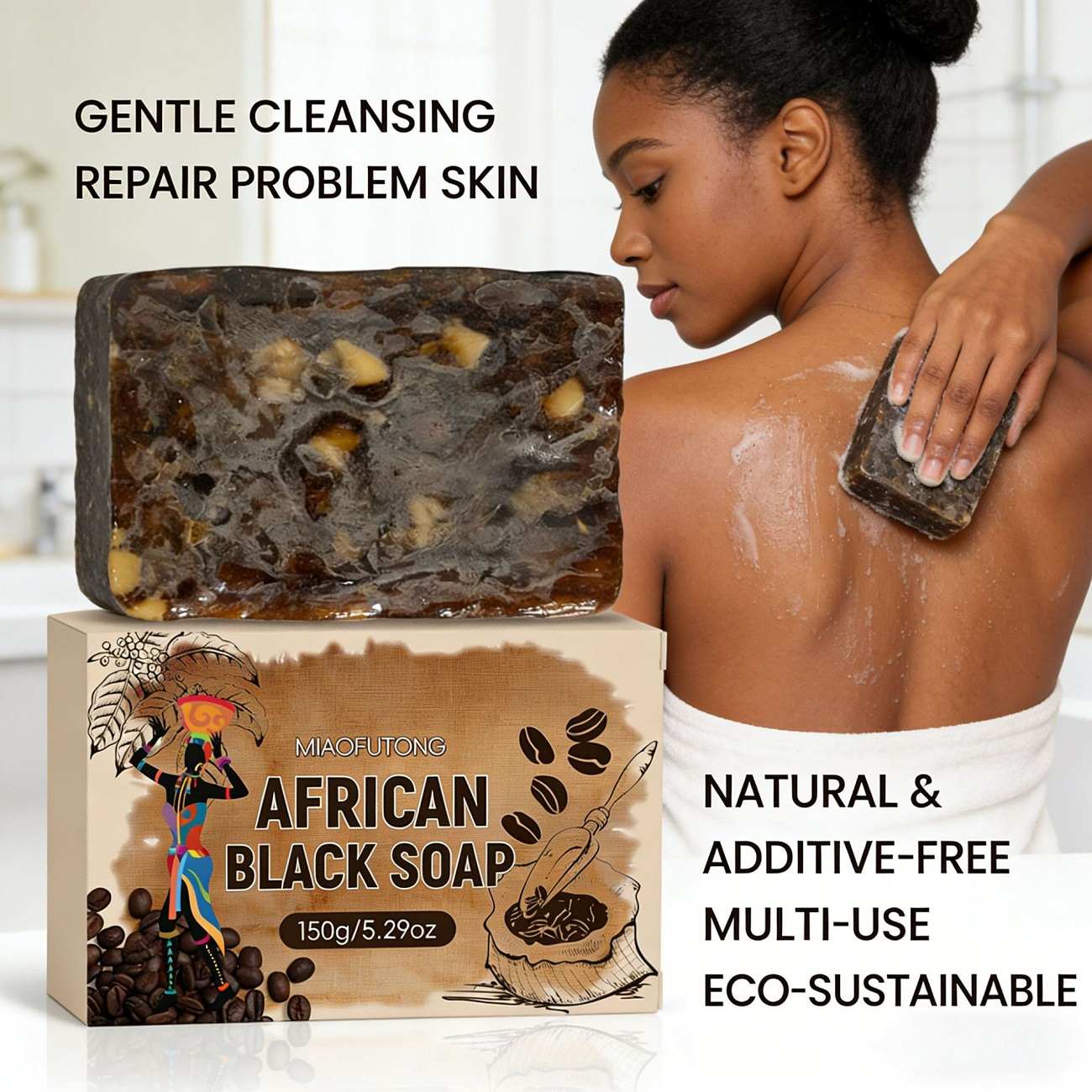 3pcs Black Soap Bars, 150g Shea Butter Infused Natural Cleansing Soap, Gentle Facial & Body Wash Bar, Moisturizing & Repairing Handmade Soap for Sensitive Skin, Multi-Use Eco-Friendly Bath Soap for Men & Women

