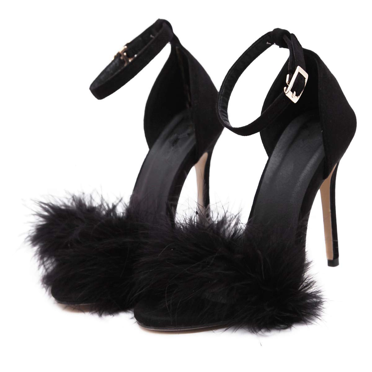 PLX11MM women's open-toed ankle sandals with fluffy feathers stiletto heeled dress