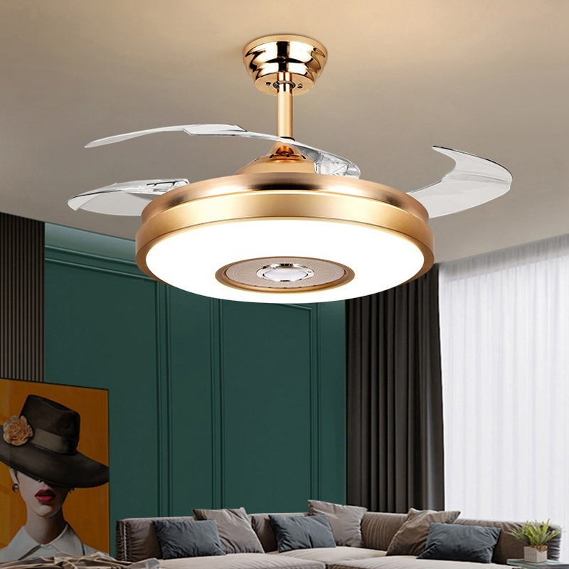 OWL Retractable ceiling fan light and Bluetooth speaker color Changing 36W 49.2In Black ceiling fan with remote control.