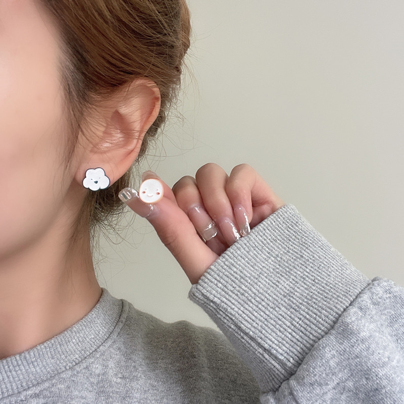 Women Cute Cloud Smiley Blue Orange Asymmetric Stud Earrings Jewelry Gift