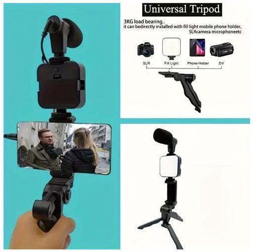 AY-49 Camera Video Recording Kit with Microphone, Mini Tripod, LED Light and Phone Holder Clip for Making Videos, Black