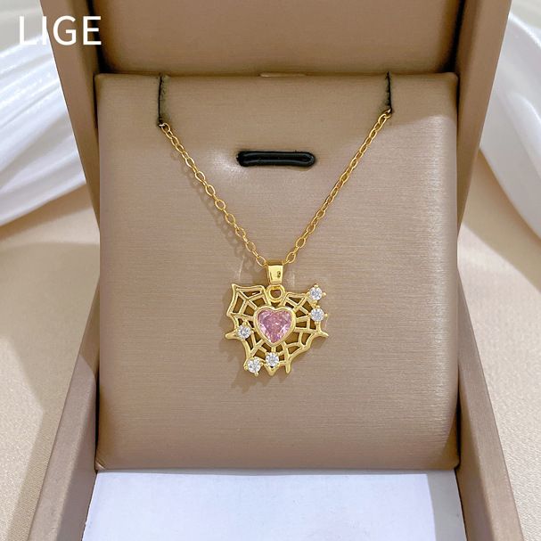 Hollow Web‑Shaped Heart Pendant Necklace for Women, Stainless Steel Adjustable Chain, Gold‑Plated Inlaid Pink Heart Zircon Charm Clavicle Chain, Light‑Luxury Sparkling Fashion Jewelry Gift for Daily Dating Party Banquet Wear