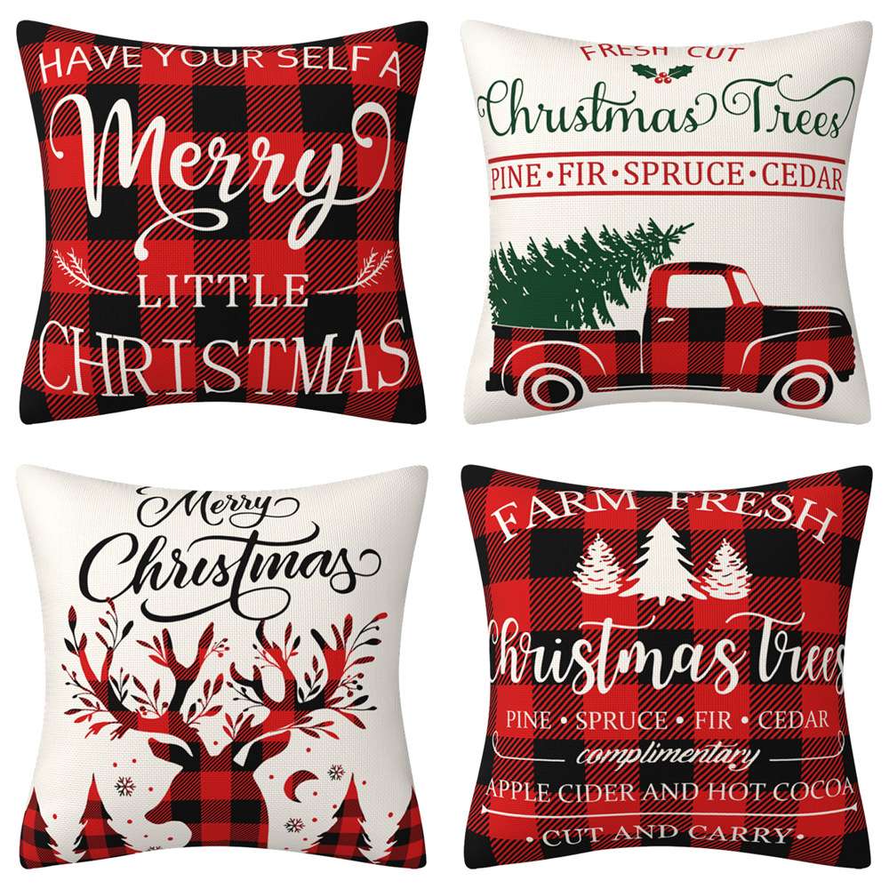 MUYTF-09 Merry Christmas Buffalo Plaid Check Xmas Throw Pillow Covers Quote Christmas Trees Elk Farm Truck Cotton Linen Pillowcase Home Decor Cushion Cover 18”x18”