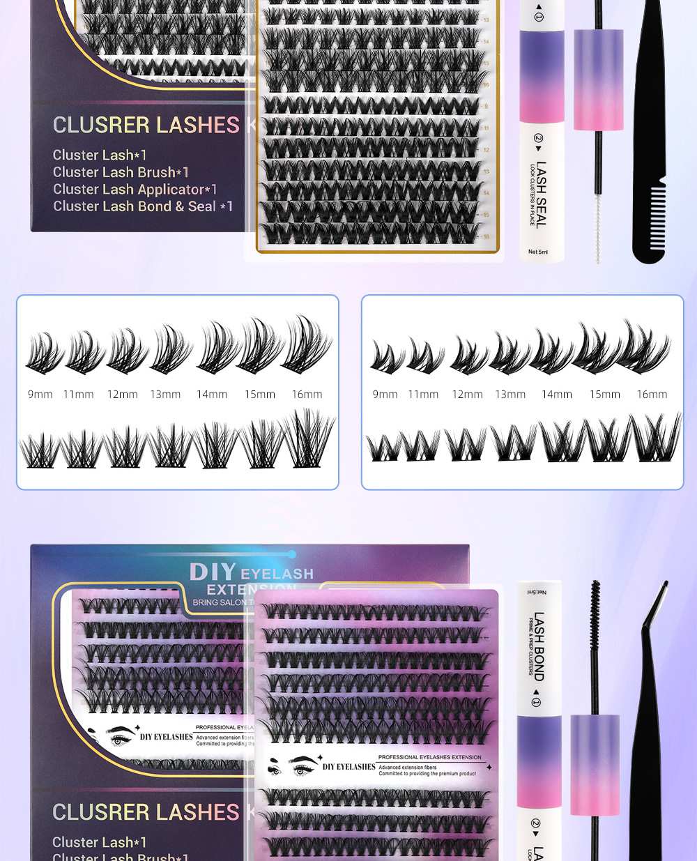 12 Rows Large Capacity Mixed Density 30D 40D Hot Melt Cluster Lash Kit DIY Segmented Self Graft Eyelashes Soft Matte Fiber Fluffy Wispy Individual Lashes Reusable Lash Extension Set For Beauty Salon Cross-border 