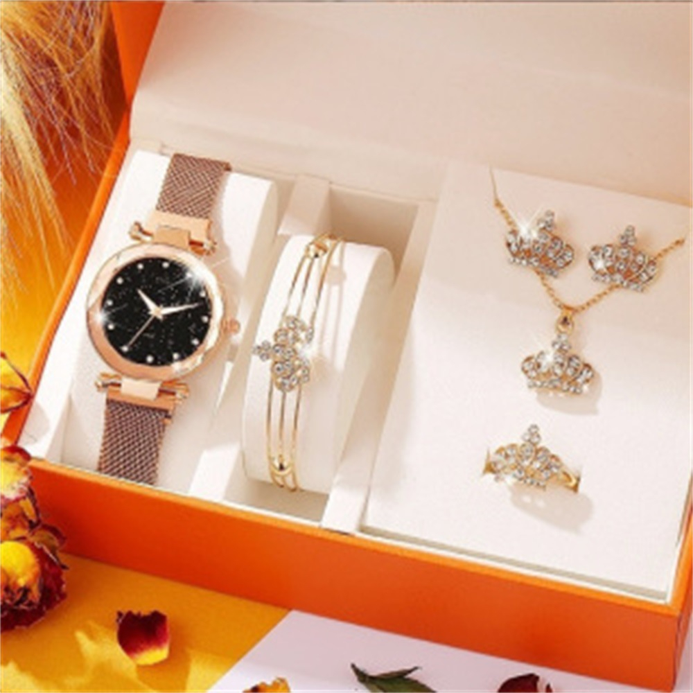 A08222 Women's 5pcs Premium Crystal-Accented Gold-Tone Bangle Watch and Bracelet, Necklace, Earrings and Ring Set