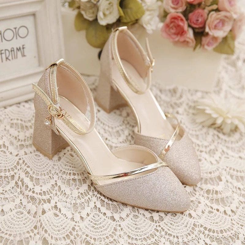 A18 Shiny Bling Bling Pu Solid Color Party Shoes Block High Heels Shoes Women Thin Heel Pumps ShoesGold