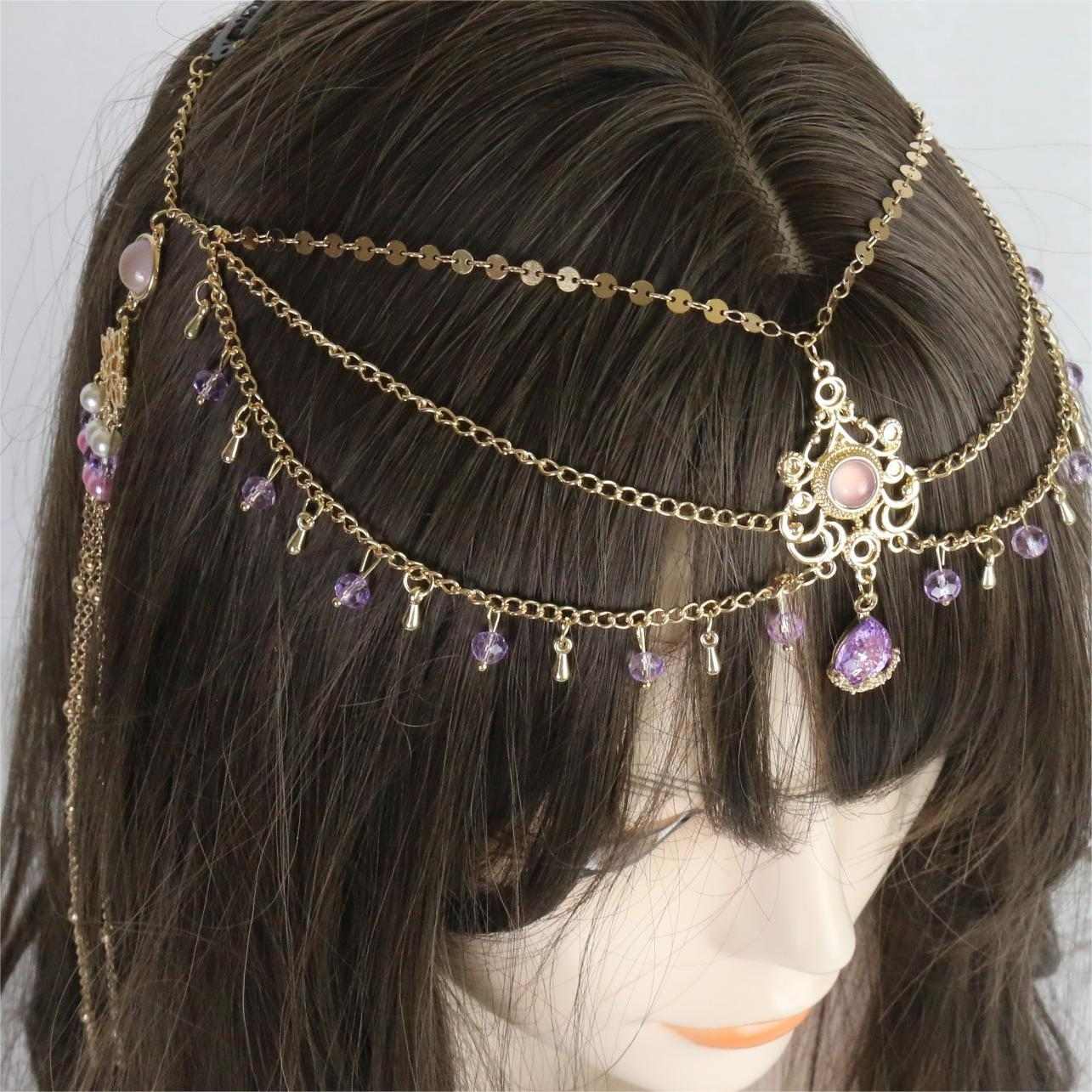 FD Women's Fashion Amethyst Pendant Headwear Multi Layered Tassel Headwear